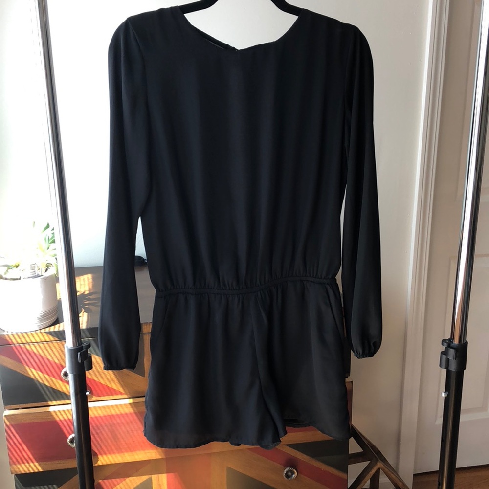 Black Long Sleeved Open Back Romper with Pockets